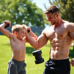 A heartwarming scene of a father and son, both displaying their muscular build, engaged in a friendly fitness activity together
