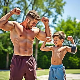A heartwarming scene of a father and son, both displaying their muscular build, engaged in a friendly fitness activity together