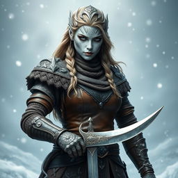 A powerful Dragonborn woman with frosty silver skin and shimmering silver scales adorning her face, wearing intricately designed brown leather armor that fits her form perfectly