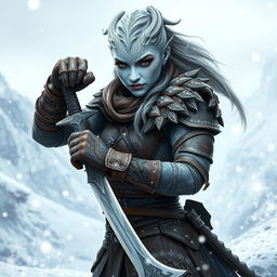 A powerful Dragonborn woman with frosty silver skin and shimmering silver scales adorning her face, wearing intricately designed brown leather armor that fits her form perfectly