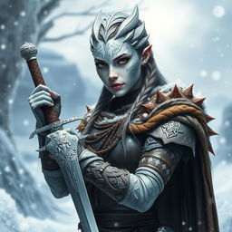 A powerful Dragonborn woman with frosty silver skin and shimmering silver scales adorning her face, wearing intricately designed brown leather armor that fits her form perfectly