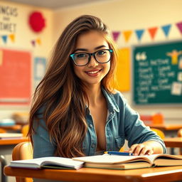 A sexy and beautiful student girl, featuring long flowing hair, wearing stylish glasses and a chic casual outfit