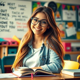 A sexy and beautiful student girl, featuring long flowing hair, wearing stylish glasses and a chic casual outfit