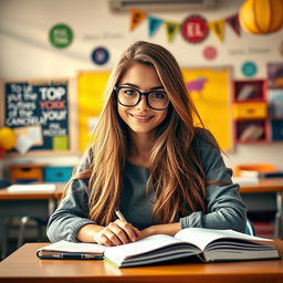 A sexy and beautiful student girl, featuring long flowing hair, wearing stylish glasses and a chic casual outfit