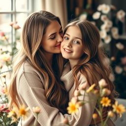 A tender moment captured between a beautiful mother and her teenage daughter, both radiating warmth and love