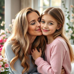 A tender moment captured between a beautiful mother and her teenage daughter, both radiating warmth and love