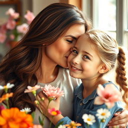 A tender moment captured between a beautiful mother and her teenage daughter, both radiating warmth and love