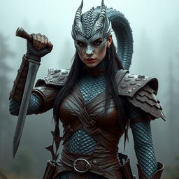 A fierce silver cold dragon-scaled woman portrayed as a tattooed warrior stands confidently, gripping a short sword in her right hand