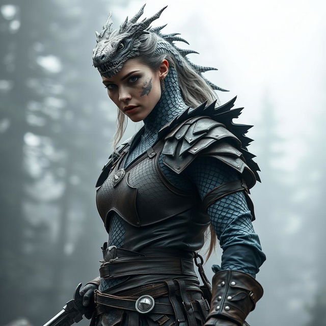 A fierce silver cold dragon-scaled woman portrayed as a tattooed warrior stands confidently, gripping a short sword in her right hand