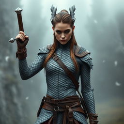 A fierce silver cold dragon-scaled woman portrayed as a tattooed warrior stands confidently, gripping a short sword in her right hand