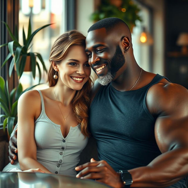 A creative and artistic depiction of a beautiful, strong woman, inspired by Emma Watson, sharing a warm and affectionate moment with an older, muscular Black man