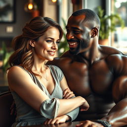 A creative and artistic depiction of a beautiful, strong woman, inspired by Emma Watson, sharing a warm and affectionate moment with an older, muscular Black man