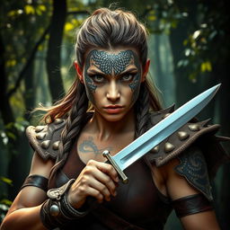 A fierce woman with a face tattooed in intricate silver dragon scales, exuding an aura of strength and confidence
