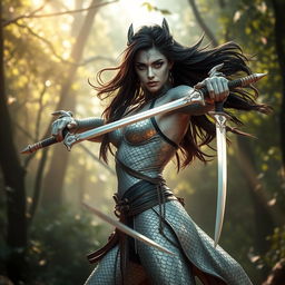 A fierce and powerful woman rogue warrior, her skin shimmering in shades of silver and adorned with intricate dragon scales that reflect light