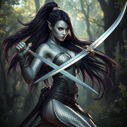 A fierce and powerful woman rogue warrior, her skin shimmering in shades of silver and adorned with intricate dragon scales that reflect light