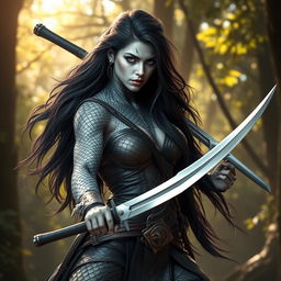 A fierce and powerful woman rogue warrior, her skin shimmering in shades of silver and adorned with intricate dragon scales that reflect light