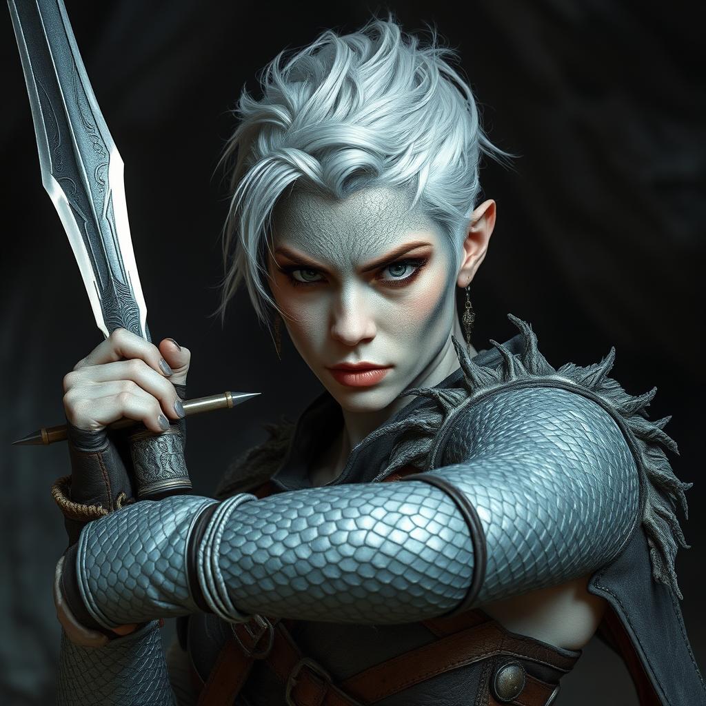 A fierce woman rogue warrior stands ready for battle, her skin gleaming silver and adorned with intricately detailed dragon scales