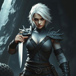A fierce woman rogue warrior stands ready for battle, her skin gleaming silver and adorned with intricately detailed dragon scales