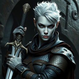 A fierce woman rogue warrior stands ready for battle, her skin gleaming silver and adorned with intricately detailed dragon scales