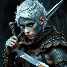 A fierce woman rogue warrior stands ready for battle, her skin gleaming silver and adorned with intricately detailed dragon scales