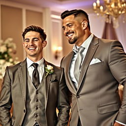 An elegant wedding scene featuring a young groom and his muscular father-in-law, both exuding confidence and joy