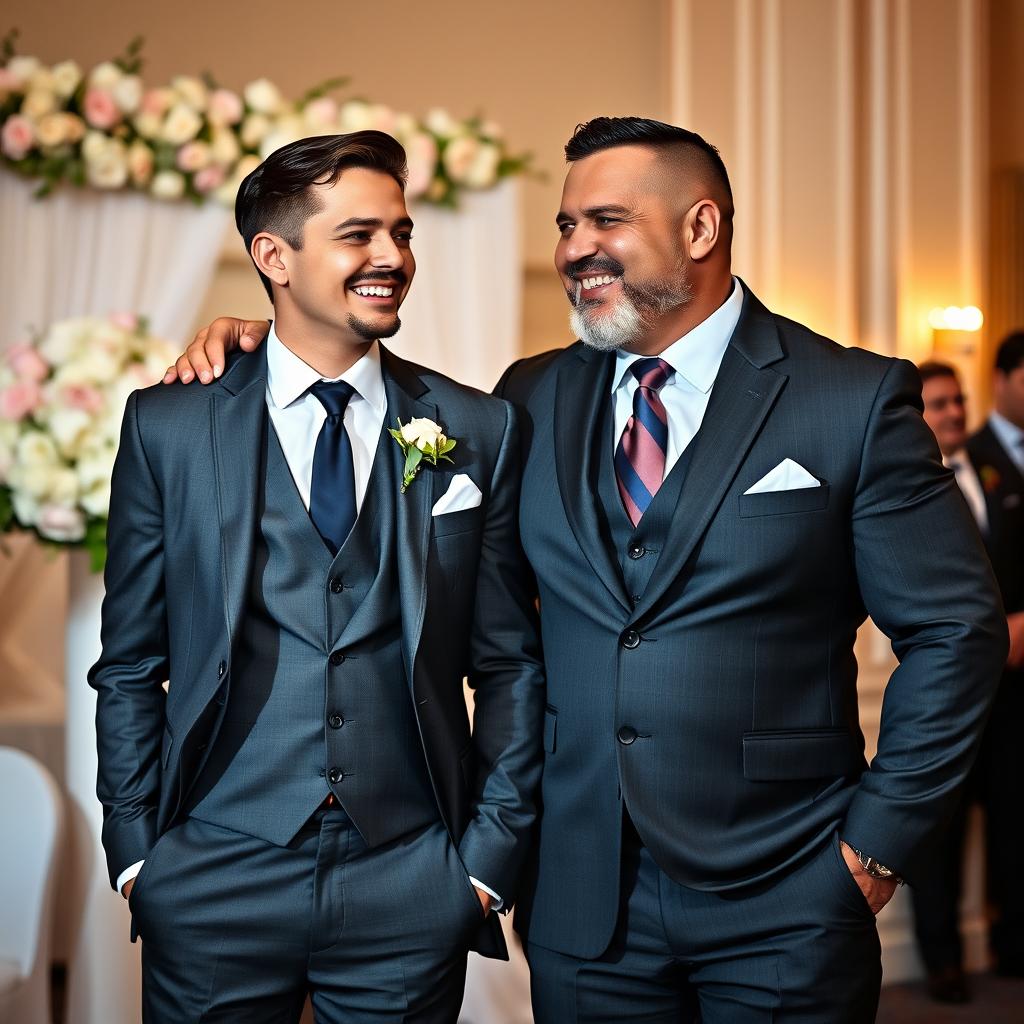 An elegant wedding scene featuring a young groom and his muscular father-in-law, both exuding confidence and joy