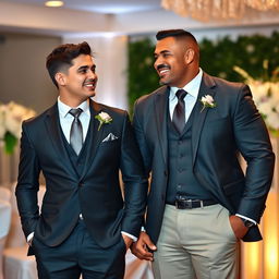 An elegant wedding scene featuring a young groom and his muscular father-in-law, both exuding confidence and joy
