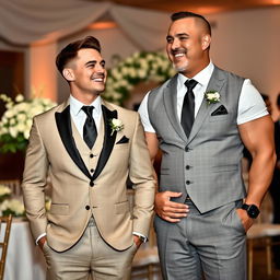 An elegant wedding scene featuring a young groom and his muscular father-in-law, both exuding confidence and joy