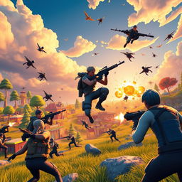 A dynamic and thrilling Fortnite battle scene showcasing intense FPS action
