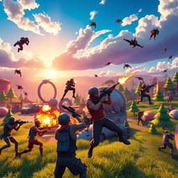 A dynamic and thrilling Fortnite battle scene showcasing intense FPS action