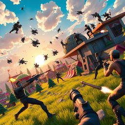A dynamic and thrilling Fortnite battle scene showcasing intense FPS action