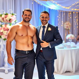 A vibrant wedding scene featuring a young groom standing alongside his shirtless muscular father-in-law