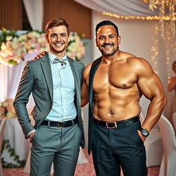 A vibrant wedding scene featuring a young groom standing alongside his shirtless muscular father-in-law