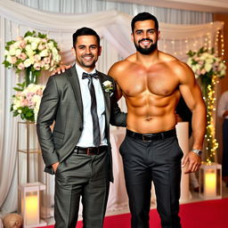 A vibrant wedding scene featuring a young groom standing alongside his shirtless muscular father-in-law