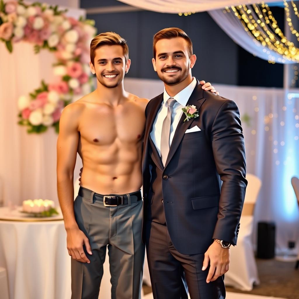 A vibrant wedding scene featuring a young groom standing alongside his shirtless muscular father-in-law