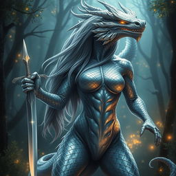 A fierce lady dragon with stunning silver skin and iridescent silver scales covering her face and body