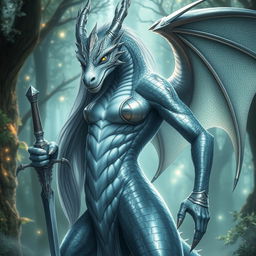 A fierce lady dragon with stunning silver skin and iridescent silver scales covering her face and body