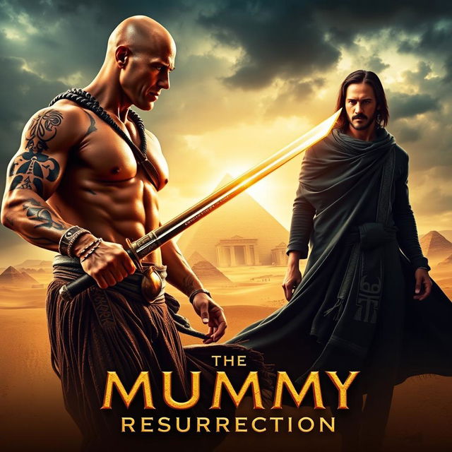 A dramatic and thrilling movie poster for 'The Mummy Resurrection' (2024), featuring Dwayne Johnson and Keanu Reeves