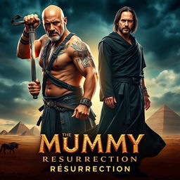 A dramatic and thrilling movie poster for 'The Mummy Resurrection' (2024), featuring Dwayne Johnson and Keanu Reeves