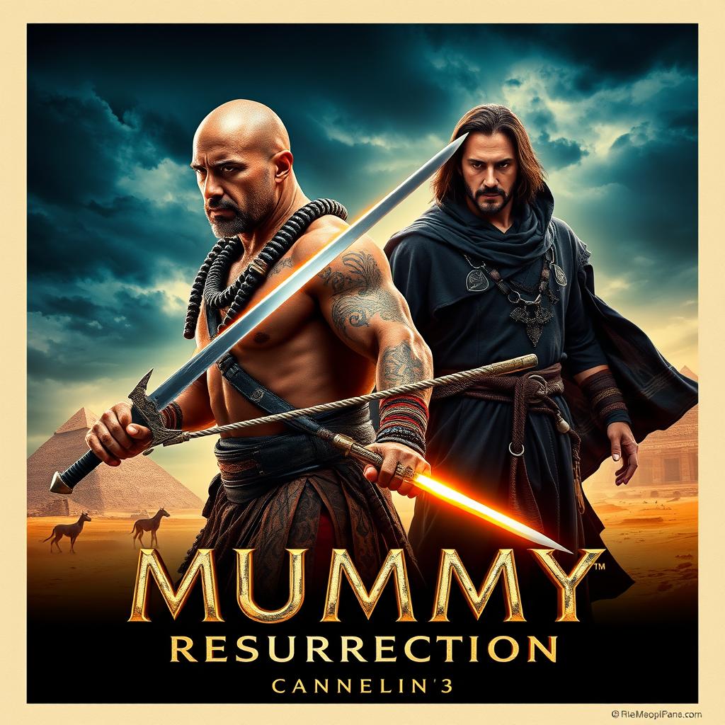 A dramatic and thrilling movie poster for 'The Mummy Resurrection' (2024), featuring Dwayne Johnson and Keanu Reeves