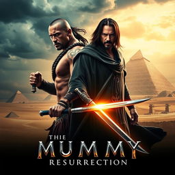 A dramatic and thrilling movie poster for 'The Mummy Resurrection' (2024), featuring Dwayne Johnson and Keanu Reeves