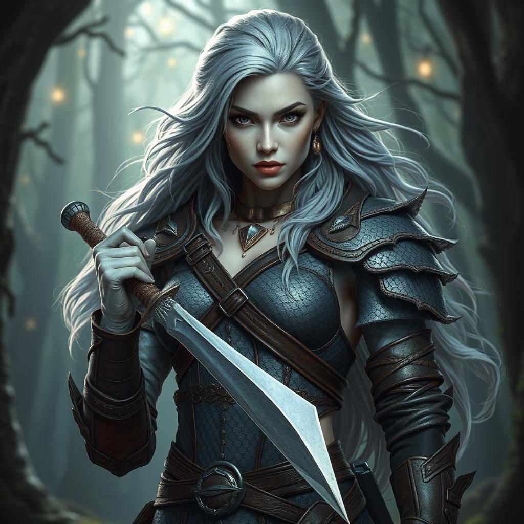 A fierce fantasy warrior woman with silver skin adorned with shimmering dragon scales, gracefully holding a sharp dagger