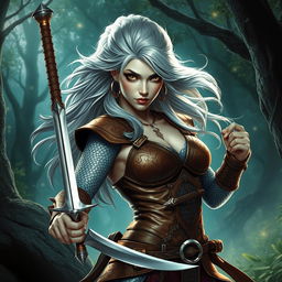 A fierce fantasy warrior woman with silver skin adorned with shimmering dragon scales, gracefully holding a sharp dagger