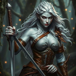 A fierce fantasy warrior woman with silver skin adorned with shimmering dragon scales, gracefully holding a sharp dagger