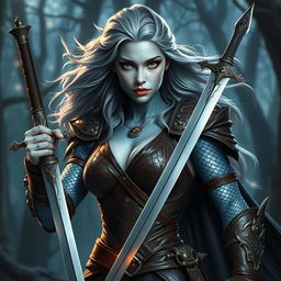 A fierce fantasy warrior woman with silver skin adorned with shimmering dragon scales, gracefully holding a sharp dagger