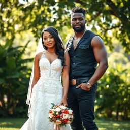 A striking image featuring a beautiful bride in a stunning white wedding gown, adorned with intricate lace and delicate floral details