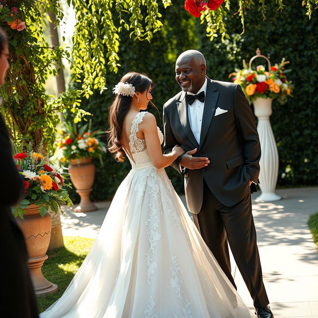 A beautiful and heartwarming scene featuring a young white bride in an exquisite wedding dress with delicate lace details and a flowing train