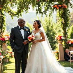 A beautiful and heartwarming scene featuring a young white bride in an exquisite wedding dress with delicate lace details and a flowing train