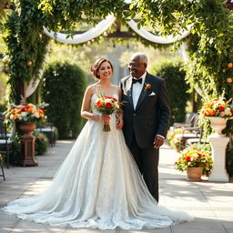 A beautiful and heartwarming scene featuring a young white bride in an exquisite wedding dress with delicate lace details and a flowing train