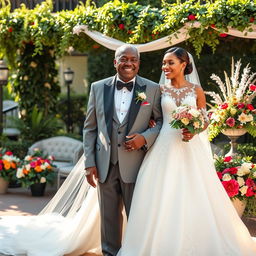 A beautiful and heartwarming scene featuring a young white bride in an exquisite wedding dress with delicate lace details and a flowing train